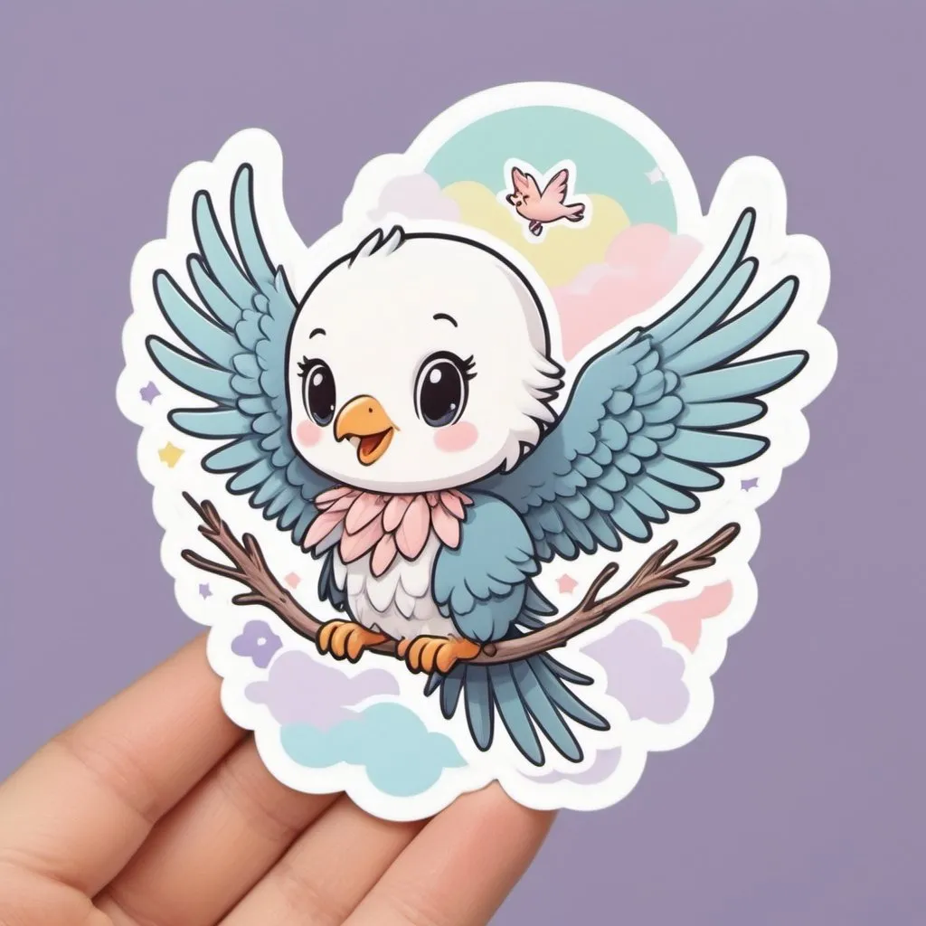 Prompt: Kawaii centipede flying on the back of a baby bald eagle, cute pastel colors, whimsical fantasy setting, delicate and charming details, high quality, kawaii, whimsical, pastel colors, delicate, cute, fantasy, detailed, charming, tight rope, adorable, highres, ultra-detailed, fantasy setting, lovely lighting
