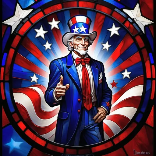 Prompt: (accurately spelled text  "wants you"), iconic Uncle Sam figure, character illustration, rich details in clothing, vibrant red, white, and blue color palette, dramatic lighting, commanding expression, engaging pose, stylized background with patriotic elements like stars and stripes, eye-catching poster-style composition, high definition, ultra-detailed rendering, evoking feelings of motivation and urgency. It will be used for a challenge coin. Thanks