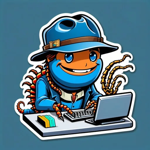 Prompt: Cartoon centipede like Indiana Jones using computer at a bank, fantasy adventure, anime, high-quality, blue hues, detailed, adventurous, fantasy setting, computer wires, professional lighting, intense gaze, cool tones, detailed eyes, sleek design, urban fantasy, digital art, intricate details