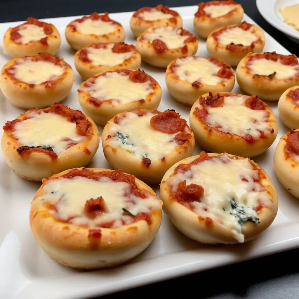 Prompt: 4 cheese pizza bites served on a platter as an appetizer, the pizza bites are oblong semi enclosed bites, the oven baked crust enclosed simmering cheese goodness. 