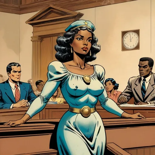 Prompt: African American Lady Justice in court, in the style of Jack Kirby and Wally Wood, 1940s vintage comic, faded colors