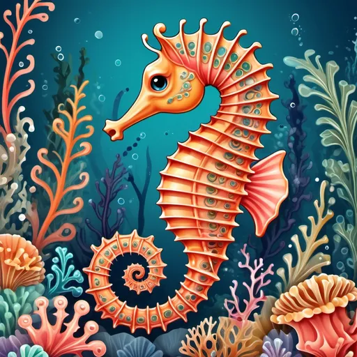 Prompt: (2D seahorse illustration), whimsical and charming design, vibrant colors, intricate details, flowing fins, delicate curls, underwater background, seaweed and coral accents, playful atmosphere, intended for children’s book, HD quality, artful and engaging style. for logo