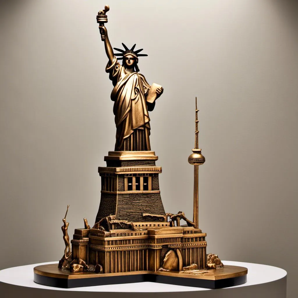 Prompt: <mymodel>fusion sculpture of Statue of Liberty and Eiffel Tower, metal, monumental size, realistic details, high quality, surreal, bronze tones, golden lighting