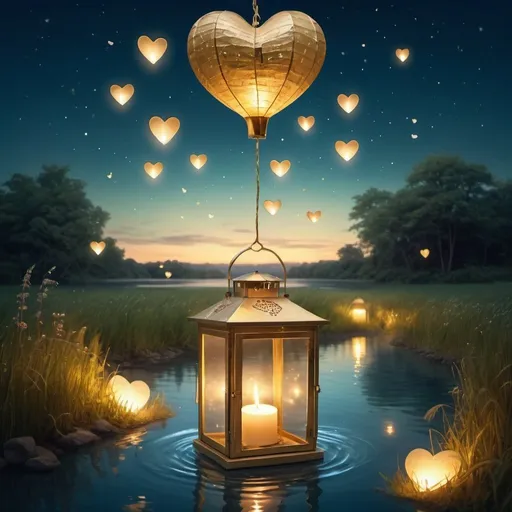 Prompt: Words of love floating in a summer night field, golden heart-shaped lantern in the sky, candlelit glow, wondrous lagoon with waterfalls, atmospheric lighting, romantic, heartfelt message, highres, dreamy, surreal, glowing lantern, peaceful, serene, magical atmosphere, romantic setting, detailed landscape, love confession