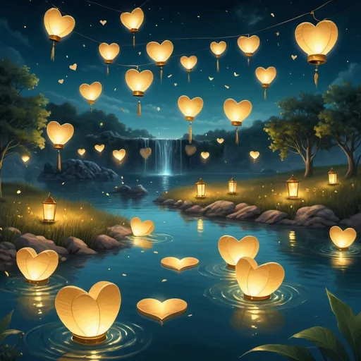 Prompt: Words of love floating in a summer night field, with multiple golden heart-shaped lanterns scattered in the night in the sky with the heat of the candle flame moving the lantern above it all, wondrous lagoon with waterfalls, atmospheric lighting, romantic, heartfelt message, highres, dreamy, surreal, glowing lantern, peaceful, serene, magical atmosphere, romantic setting, detailed landscape, love confession