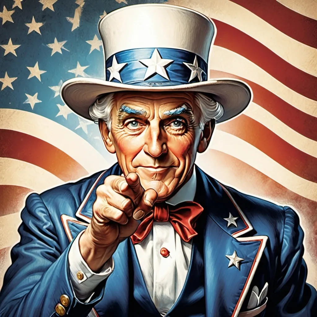 Prompt: Uncle Sam point to you, inviting,  patriotic, perfect for a challenge coin design for the Selective Service System, 50s Rockwell style