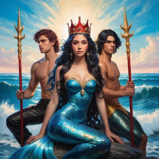 Prompt: Young woman with a (crown) on her head black hair, seated amidst two young men, one (holding a trident) on the left with black hair, another (holding a crown) on the right with red hair, surrounded by a captivating (blue sea), sunlit waves glistening,mermaid, serene yet majestic ambiance, (ultra-detailed), vibrant colors, creating a harmonious scene of youth and royalty.