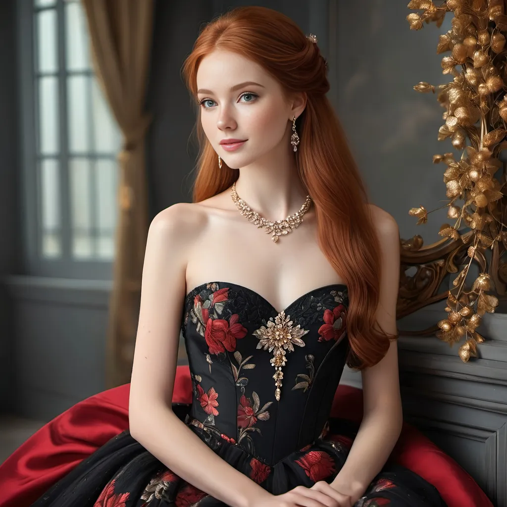 Prompt: <mymodel> Photorealistic of a cute,  slim body figure, long straight red hair, freckles,.thin face, Beautiful young Woman,  beautiful eyes, Wearing a intricate design elegant black floral Princess Ballgown, gentle smile, delicate features, gentle curves, refined posture, elegant makeup, indoor setting, soft diffused lighting, high resolution, jewelry, lying gracefully on a canopy bed with a highly detailed Elegant floral design beddings and pillow in a modern bedroom, luxurious fabric textures, captivating atmosphere