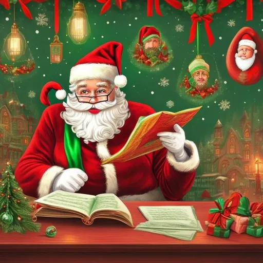 Prompt: Santa Claus Quizmaster, green suit and hat, reading quiz questions, festive atmosphere, magical setting, high quality, detailed illustration, vibrant colors, whimsical, holiday-themed, jolly expressions, cozy indoor scene, holiday spirit, warm and inviting lighting