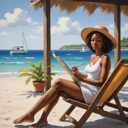 Prompt: African american woman relaxing on vacation painting from a distance