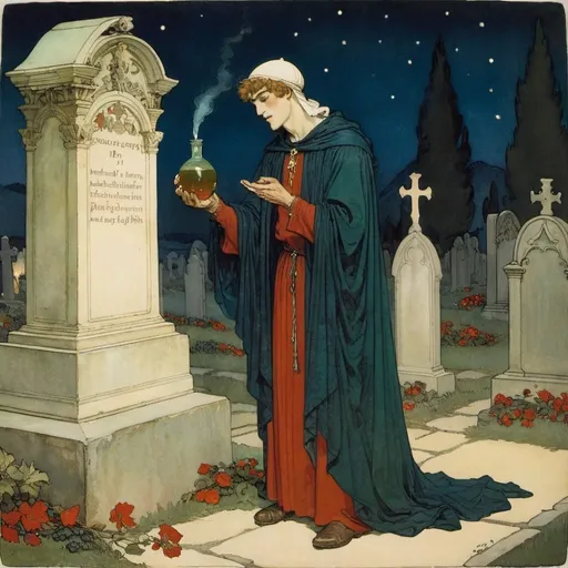 Prompt: Early european medieval painting of romeo holding a potent potion around a grave in italy at midnight by Herbert James Draper and edmund dulac 