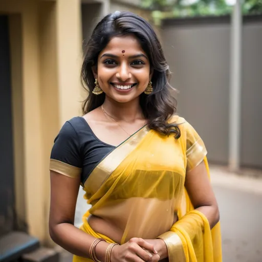 Prompt: An Indian beautiful woman who is 32 years old And his body is a little heavy. And she is wearing a yellow saree. and smiling