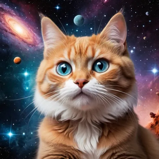 Prompt: que en una galaxia, en el espacio, con el fondo de cosmos, galaxias, planetas, haya un gato jugando con los planetas, que este acostado, boca arriba. 