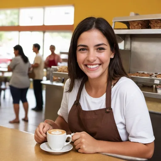 Prompt: una mujer encargada de una cafeteria, con una sonrisa,  con cafe artesanal a su alrededor
