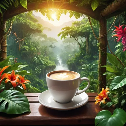 Prompt: taza de cafe en medio de la selva