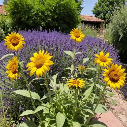 Prompt: poner en un jardin: 
🌼 Lavanda
🌺 Girasoles
🌸 Caléndulas
🌿 Salvia
🌷 Albahaca
🌻 Echinacea
