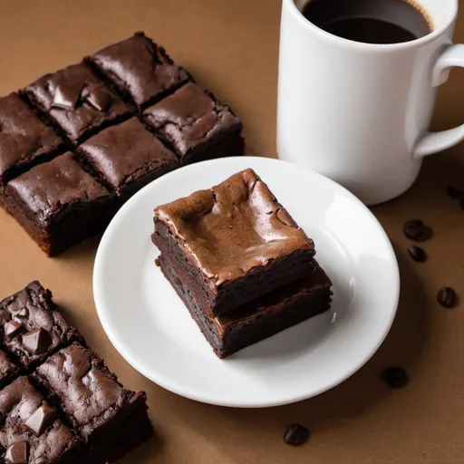 Prompt: una taza de café americano, unos brownies de chocolate, un croassaint