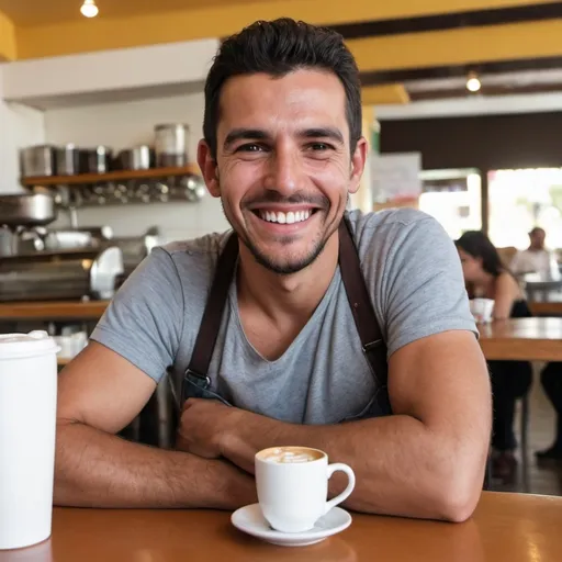 Prompt: un hombre sonriente en una cafeteria.  con cafe artesanal alrededor. Tener cuidado con las manos. 