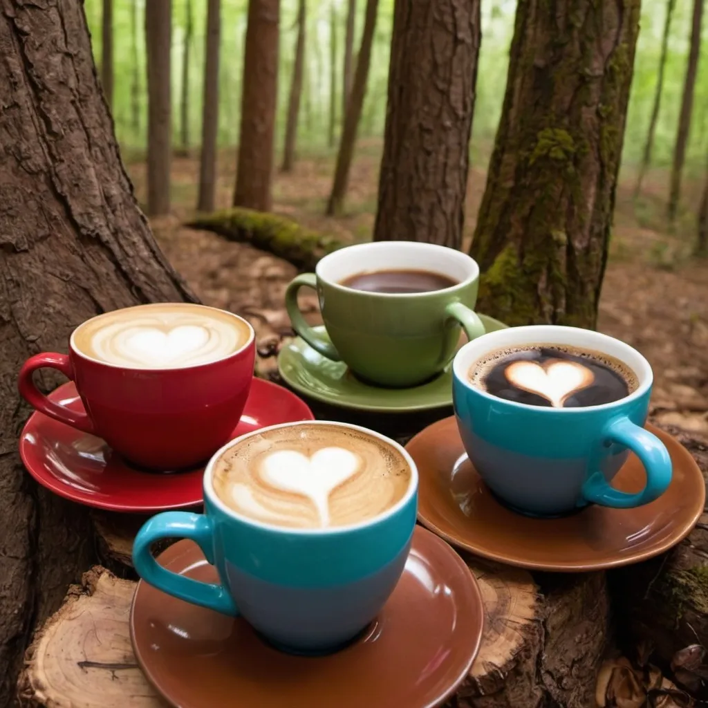 Prompt: varias tazas de café en medio de un bosque 