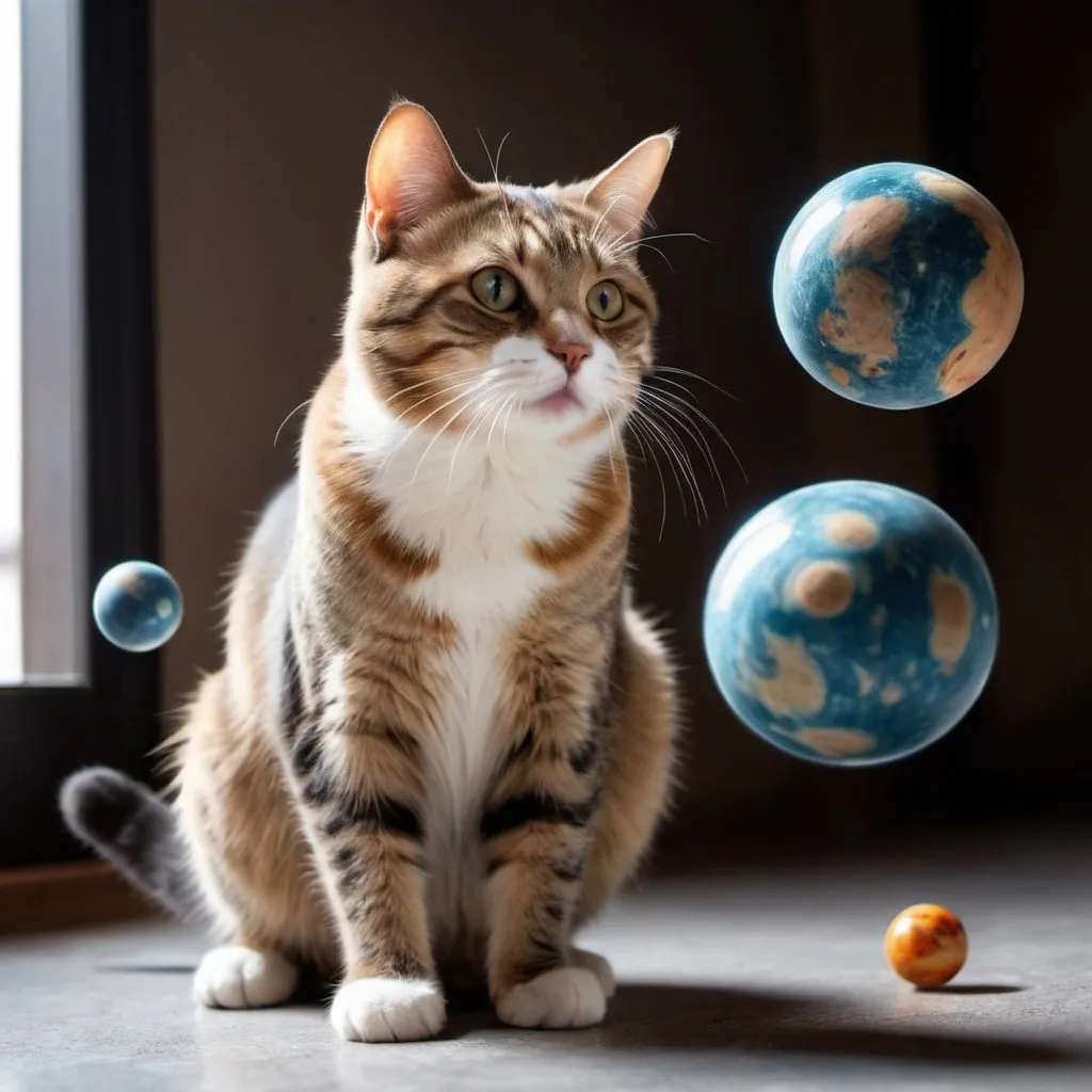 Prompt: un gato jugando con planetas como si fueran bolas de estambre. Que el gato sea esponjoso, muy tierno. 