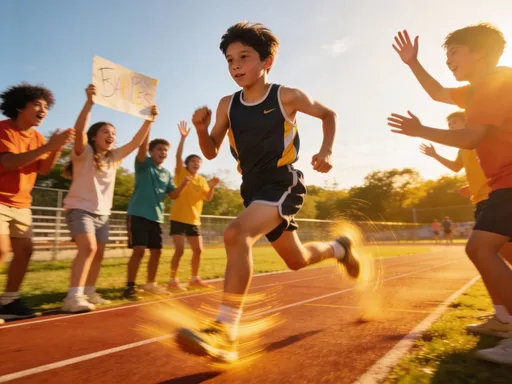 Prompt: Boy run the race and they. Friend would. Support the b