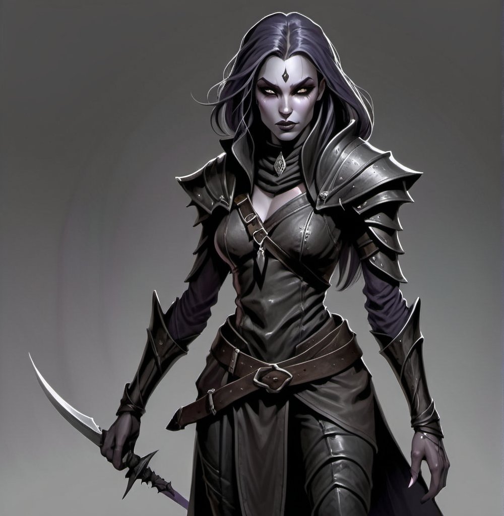 Prompt: A coldly attractive Drow female with dark lilac skin. She is battle hardened. She has long wavy black hair with irises the color of silver. She wears full black leather clothes and carries two daggers. She is in her mid-30s. She is stoic and grim in personality. 