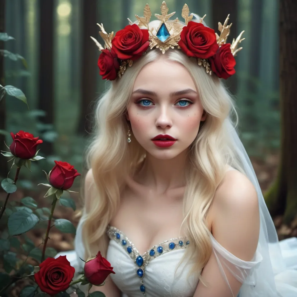 Prompt: Fairy tale, beautiful girl with white skin, (perfect face), light golden hair, blue pupils, red lips, forest style, mysterious, vintage fashion-dresses, with a transparent crystal crown on her head, the woman's body is so white Glows, (high detail) sitting on an oversized red rose, hyperdetail, ultra high definition.