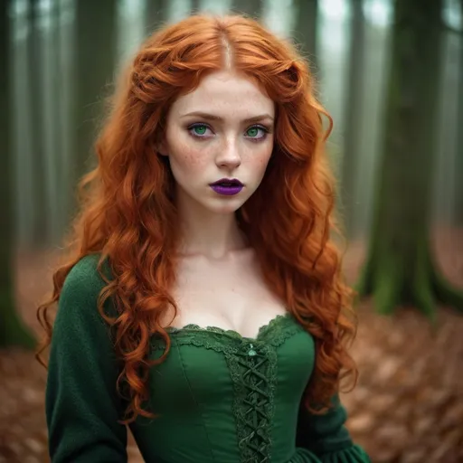 Prompt: Young, beautiful, witch, mysterious, fantasy, dramatic, reddish-orange hair, woolen curls, green pupils, green vintage fashion-dresses, freckles, purple lips, slightly scary, mysterious, high definition, ultra high definition, details