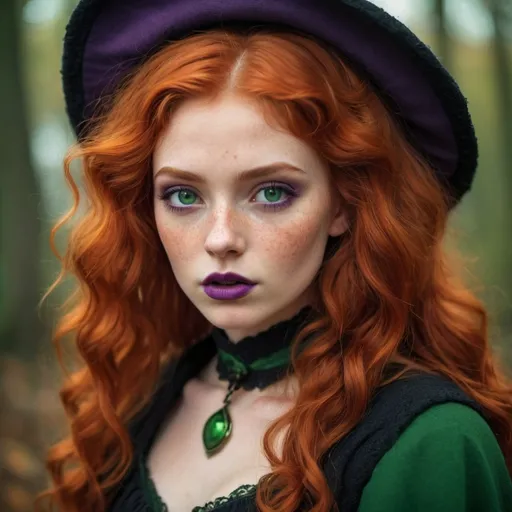 Prompt: Young, beautiful, witch, mysterious, fantasy, dramatic, reddish-orange hair, woolen curls, green pupils, green vintage fashion-dresses, freckles, purple lips, slightly scary, mysterious, high definition, ultra high definition, details