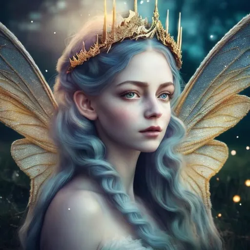 Prompt: fairy ears,Dreams, fairy tales, contrasts of light and shadow. Beautiful background. A beautiful woman. Silver wool curls long hair. The golden crown is on the woman's head. White skin, blue eyes, dreamy. Detail, complexity, mystery, ultra HD. The stars, the moon. White wings, fairy ears,