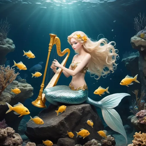 Prompt: A mermaid with blond hair, yellow eyes and very delicate facial features. She was sitting on a rock at the bottom of the sea, next to some fish and seafloor plants. She is dressed in the costume of an ancient Greek goddess. The bottom of the sea is very dark, but this mermaid is the light of the bottom of the sea. She is shining and she is very white. She holds a harp in her hand and is playing beautiful music, attracting fish and jellyfish around her。the image should be of high quality.clear