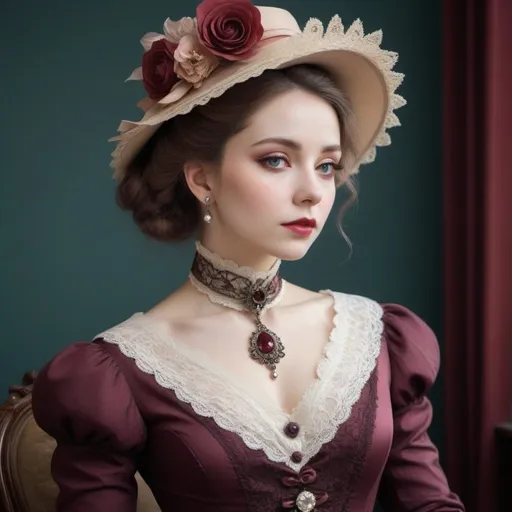 Prompt: Victorian style, contrasting colors. Beautiful woman, elegant, fashionable, contrasting colors，realistic。