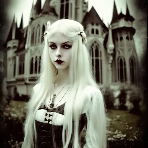 Prompt: . Mysterious, scary, lady, with long light blonde hair, medium yellow eyes, very white skin, female. Dress in a vintage fashion style. Cool, handsome, and beautiful. White skin. The setting is a gorgeous and bizarre Gothic castle with lots of windows and high roofs. Holding a long sword, he chopped off the heads of more than a dozen people. She also practices fire magic, mysticism, theatre, fantasy, and magic. Magic aperture starry sky with exquisite details HD ultra high definition full body portrait
