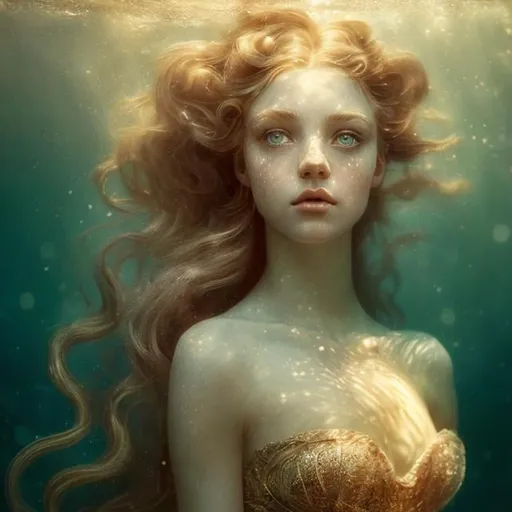 Prompt: Beautiful mermaid, beautiful, blue eyes, light beige hair, golden yellow light on the head, underwater, Victorian style, old-fashioned, underwater starry sky, mysterious, dreamy, elegant, beautiful, attractive, master works, chiaroscuro, detail, complexity, Ultra HD,full body portraits