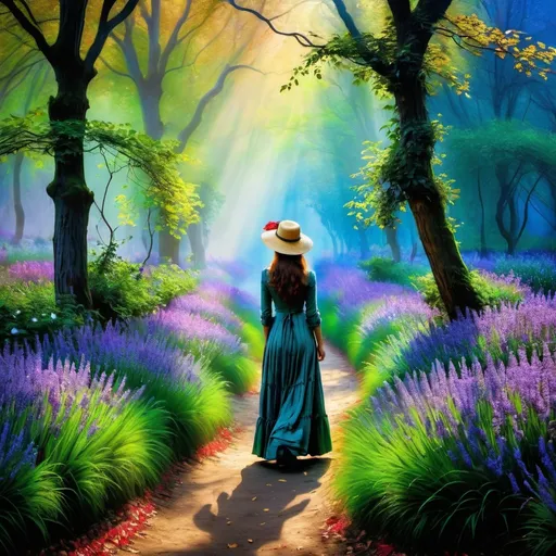 Prompt: Monet color, woman, beautiful, mysterious, fair, drama, mystic, mystical, HD, ultra HD, detail, detail, magic forest, magic plant, magic aperture