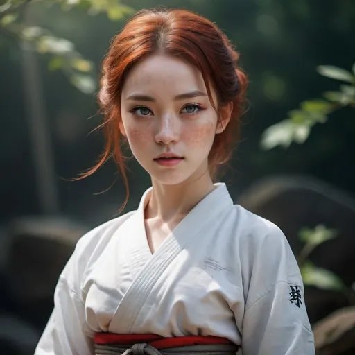 Prompt: Beauty. Martial arts, magic, freckles, colors, gorgeous, mysterious, fantasy, drama, gorgeous colors, contrasting colors, beauty, fair skin, clear eyes, grace, metaphysics。Full body image portrait。