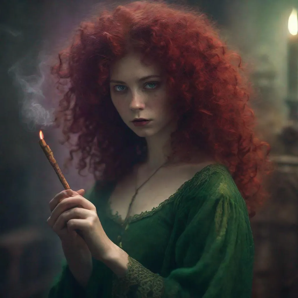 Prompt: Young, witch, mysterious, detail, detailed, intricate, portrait, full body portrait, incense, she has ivory white skin, background magic aperture, red wool curly hair, aperture, wearing gorgeous green, purple dress, drama, light and shadow, HD, Ultra HD.