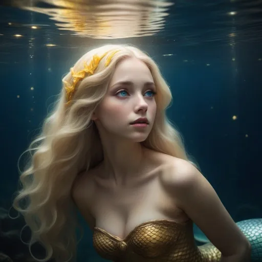 Prompt: Beautiful mermaid, beautiful, blue eyes, light beige hair, golden yellow light on the head, underwater, Victorian style, old-fashioned, underwater starry sky, mysterious, dreamy, elegant, beautiful, attractive, master works, chiaroscuro, detail, complexity, Ultra HD,full body portraits