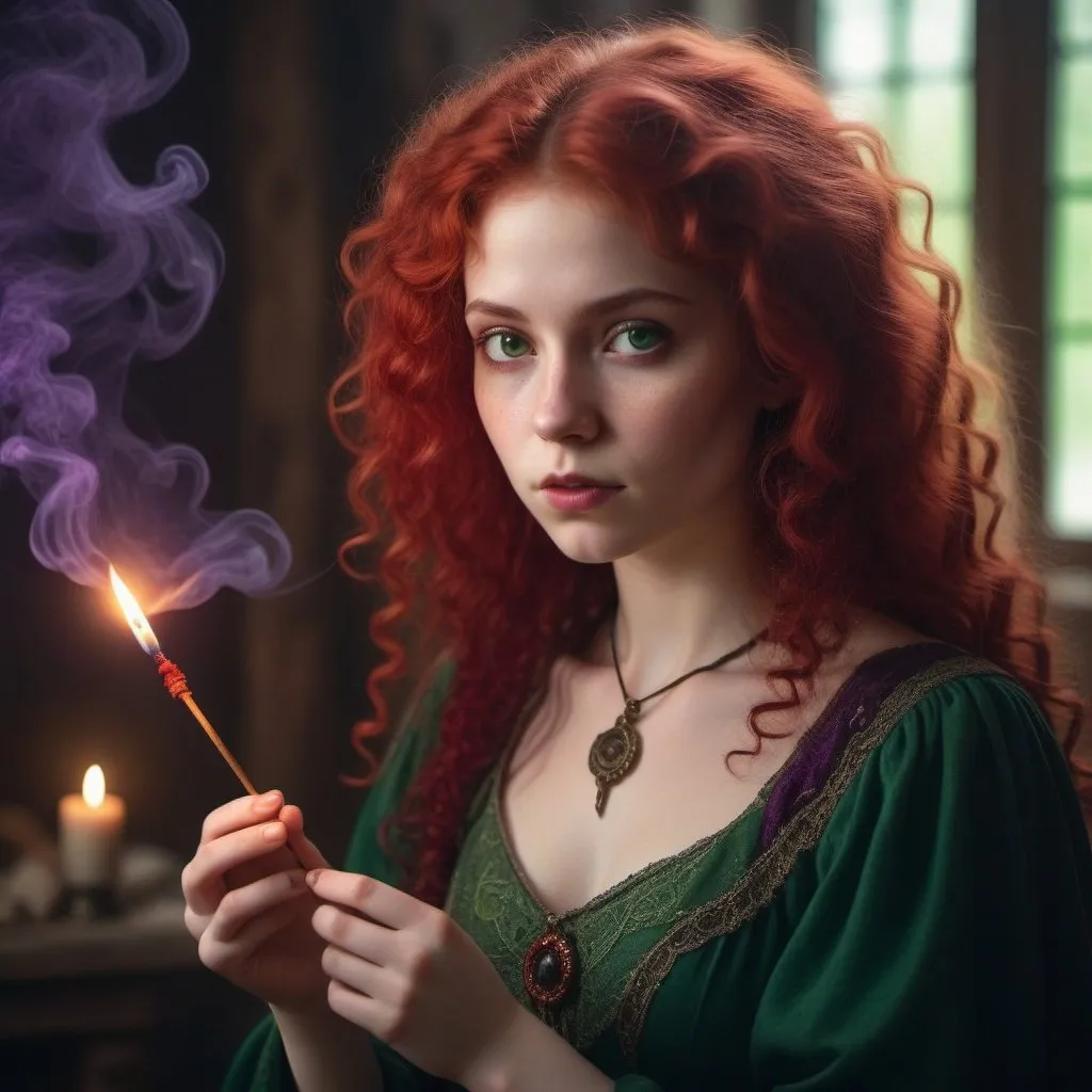 Prompt: Young, witch, mysterious, detail, detailed, intricate, portrait, full body portrait, incense, she has ivory white skin, background magic aperture, red wool curly hair, aperture, wearing gorgeous green, purple dress, drama, light and shadow, HD, Ultra HD.