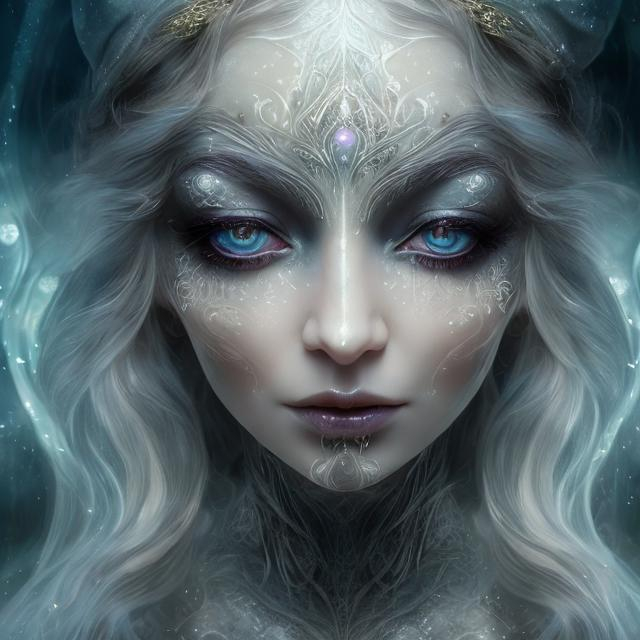 Prompt: Detail, mystery, witch, magic, white, light blue, ultra high definition, sacred, imagination, complex, gorgeous, dreamy, grace, horror, detail. Eye details, hair details, silver decoration on head, glow, magic circle, power, magic.