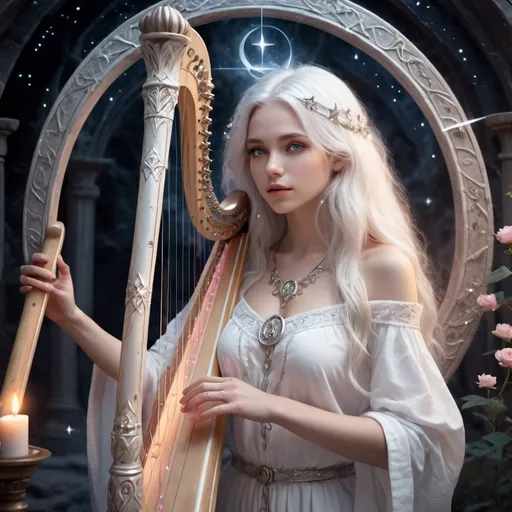 Prompt: girl, cute, beautiful, witchcraft, astrology, virgo, priestess, background magic circle, temple, night, nature, detailed, silver hair, crystal light pink eyes, skin is pure white, white body glowing. A harp is being played in the hand, mystery, long hair, magic aperture, stars, runes, spells