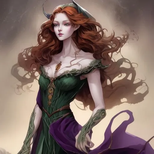 Prompt: A young and beautiful witch, she has ivory-clear skin, long red hair, and deep purple eyes. Her body has a charming posture, gorgeous green dress, the female body is very beautiful, frontal posture, perfect anatomy, dramatic, magical, fantasy, ultra-clear, high details, dramatic light and shadow. mystery. A perfect masterclass in anatomy