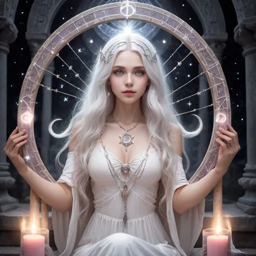 Prompt: girl, cute, beautiful, witchcraft, astrology, virgo, priestess, background magic circle, temple, night, nature, detailed, silver hair, crystal light pink eyes, skin is pure white, white body glowing. A harp is being played in the hand, mystery, long hair, magic aperture, stars, runes, spells