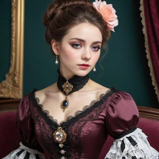Prompt: Victorian style, contrasting colors. Beautiful woman, elegant, fashionable, contrasting colors，realistic。