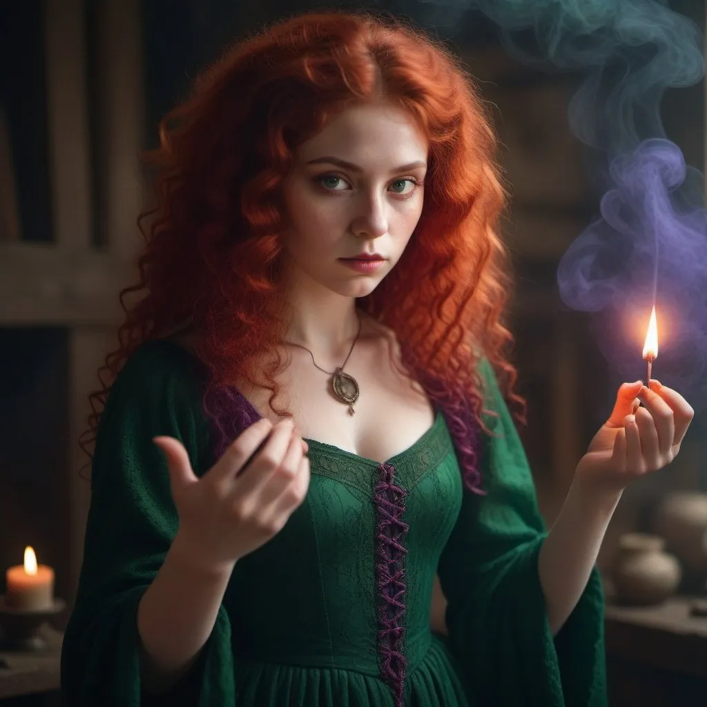 Prompt: Young, witch, mysterious, detail, detailed, intricate, portrait, full body portrait, incense, she has ivory white skin, background magic aperture, red wool curly hair, aperture, wearing gorgeous green, purple dress, drama, light and shadow, HD, Ultra HD.