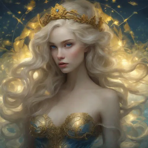 Prompt: Beautiful mermaid, beautiful, blue eyes, light beige hair, golden yellow light on the head, underwater, Victorian style, old-fashioned, underwater starry sky, mysterious, dreamy, elegant, beautiful, attractive, master works, chiaroscuro, detail, complexity, Ultra HD, portraits