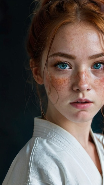 Prompt: Beauty. Martial arts, magic, freckles, colors, gorgeous, mysterious, fantasy, drama, gorgeous colors, contrasting colors, beauty, fair skin, clear eyes, grace, metaphysics。Full image portrait。