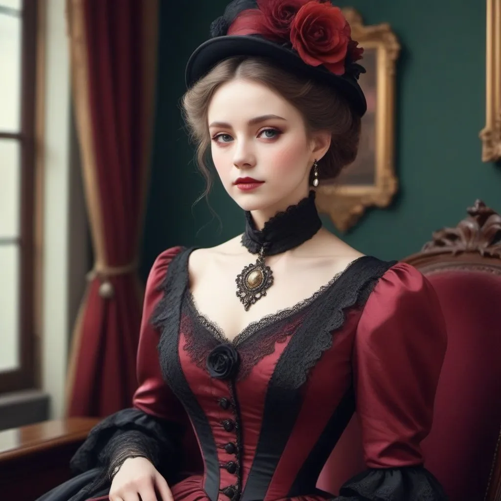 Prompt: Victorian style, contrasting colors. Beautiful woman, elegant, fashionable, contrasting colors，realistic。