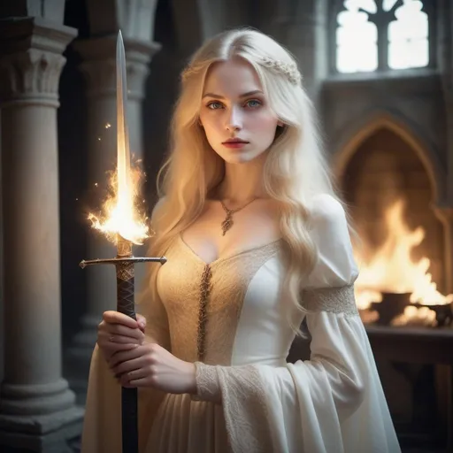 Prompt: . Mysterious, lady, with long light blonde hair, medium yellow eyes, white skin, female. Dress in a vintage fashion style. Cold, handsome, and beautiful. White skin. The setting is a gorgeous and bizarre castle with lots of windows and high roofs. Holding a long sword, She also practices fire magic, mysticism, theatre, fantasy, and magic. Magic aperture starry sky with exquisite details HD ultra high definition full body portrait