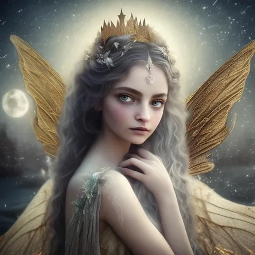 Prompt: fairy ears,Dreams, fairy tales, contrasts of light and shadow. Beautiful background. A beautiful woman. Silver wool curls long hair. The golden crown is on the woman's head. White skin, blue eyes, dreamy. Detail, complexity, mystery, ultra HD. The stars, the moon. White wings, fairy ears,